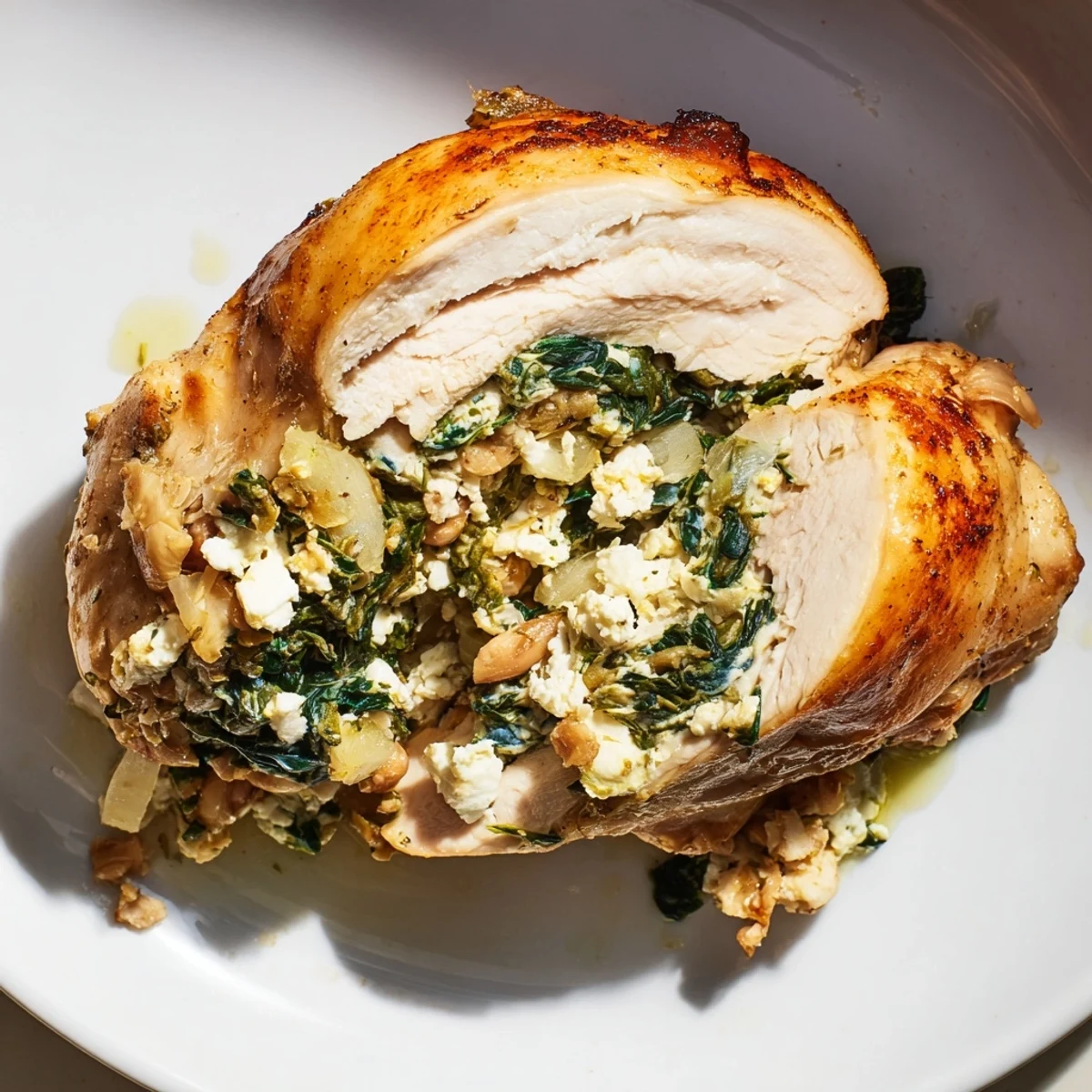 Juicy Spinach and Feta Stuffed Chicken Breast plated with a fresh garden salad and a lemon wedge for garnish.
