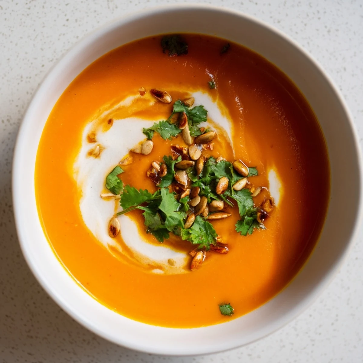 A steaming bowl of Carrot and Ginger Soup with Coconut Cream, garnished with fresh herbs and toasted pumpkin seeds for a vibrant, cozy meal.