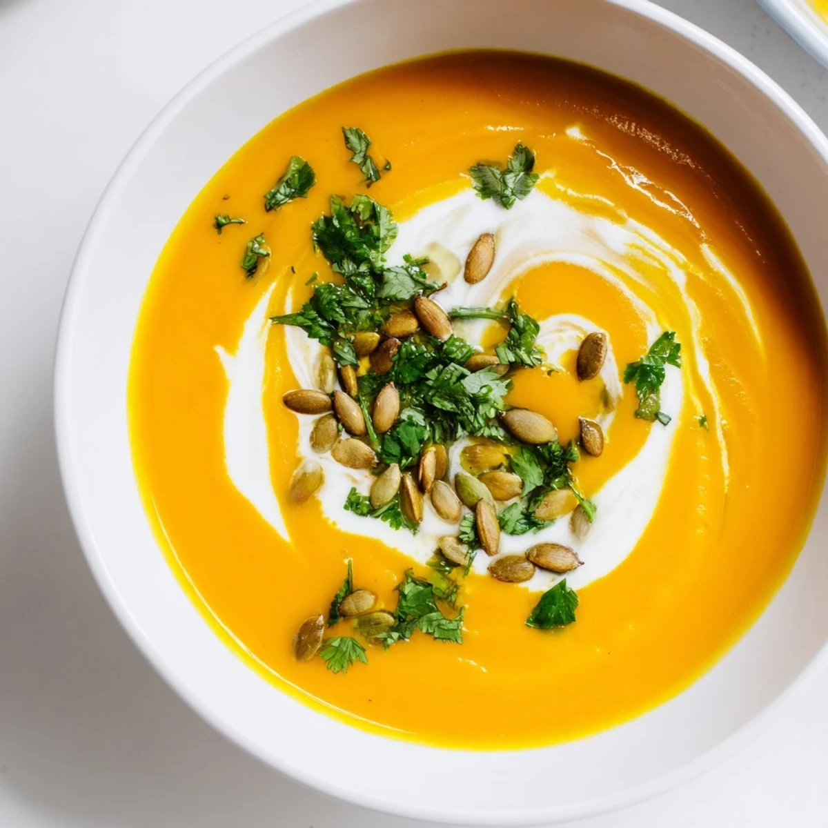 Bright orange Carrot and Ginger Soup with Coconut Cream in a clear glass mug, steam rising from the velvety smooth surface, garnished with fresh parsley.
