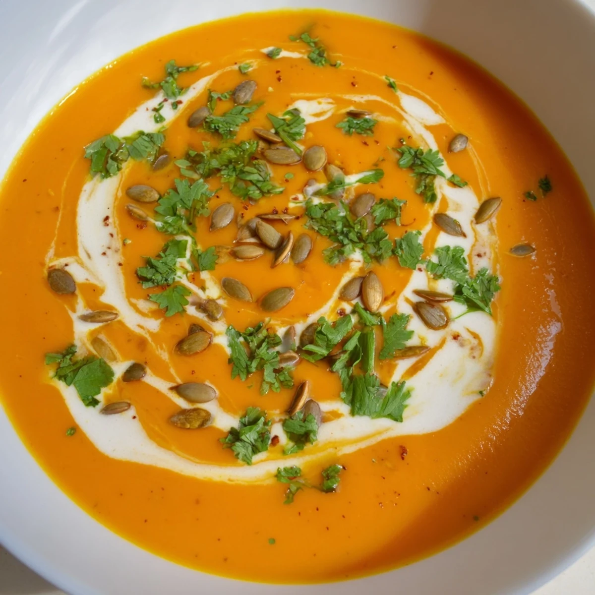 Swirls of creamy coconut drizzle top this Carrot and Ginger Soup with Coconut Cream, served in a rustic ceramic bowl beside a slice of bread.