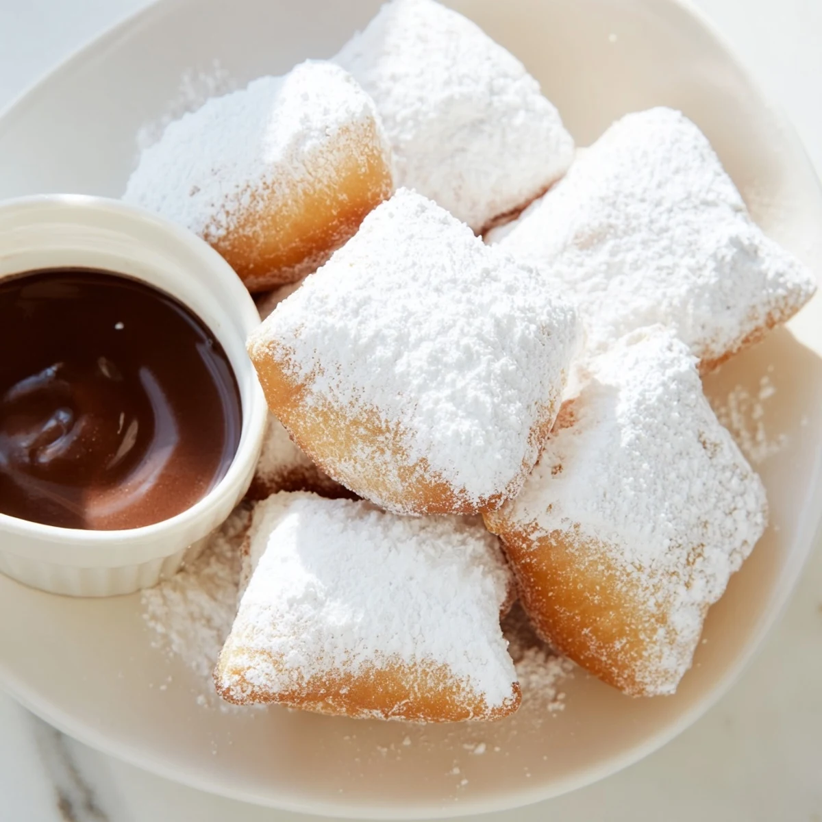 Golden brown Mardi Gras beignets dusted with powdered sugar beside a bowl of rich, glossy chocolate dipping sauce.