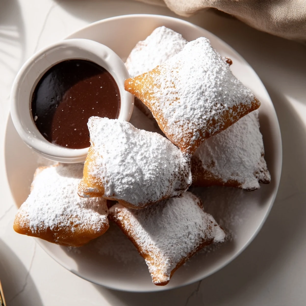 Stack of warm Mardi Gras beignets dusted with powdered sugar next to a mug of chocolate dipping sauce.