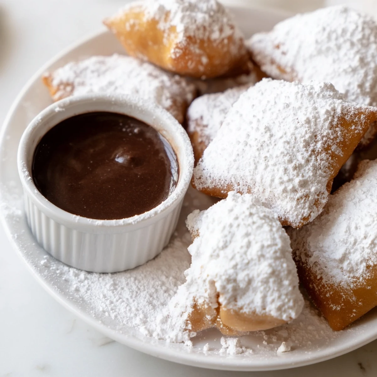 Fluffy Mardi Gras beignets coated in powdered sugar on a plate ready for dipping into warm chocolate sauce.