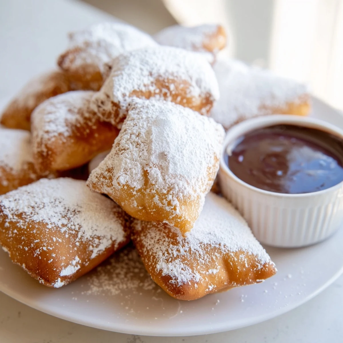Golden Mardi Gras Beignets with Chocolate Dipping Sauce stacked high, sprinkled with powdered sugar on a rustic plate.