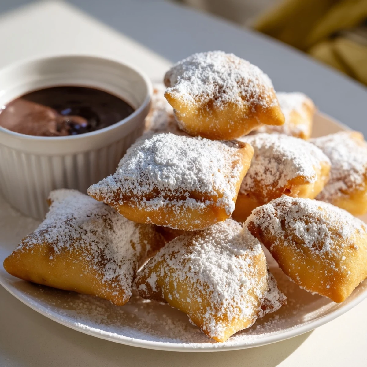 Freshly fried Mardi Gras Beignets with Chocolate Dipping Sauce dusted in powdered sugar, perfect sweet treat for any celebration.