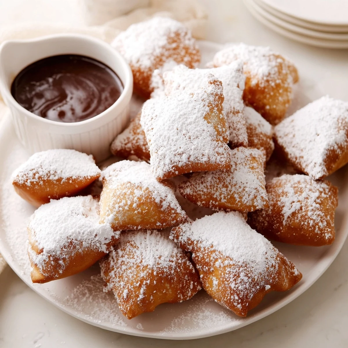 Warm Mardi Gras Beignets with Chocolate Dipping Sauce on a platter, ready for a festive New Orleans inspired gathering.