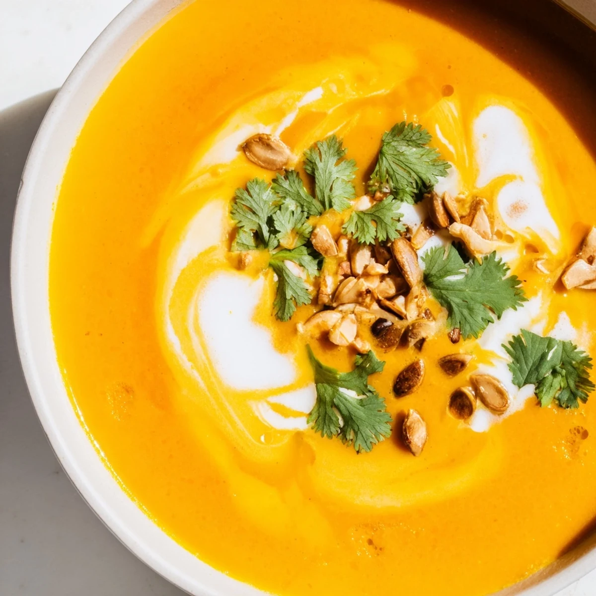 This vibrant Carrot and Ginger Soup with Coconut Cream glows orange in a rustic ceramic bowl, ready to serve with crusty bread.