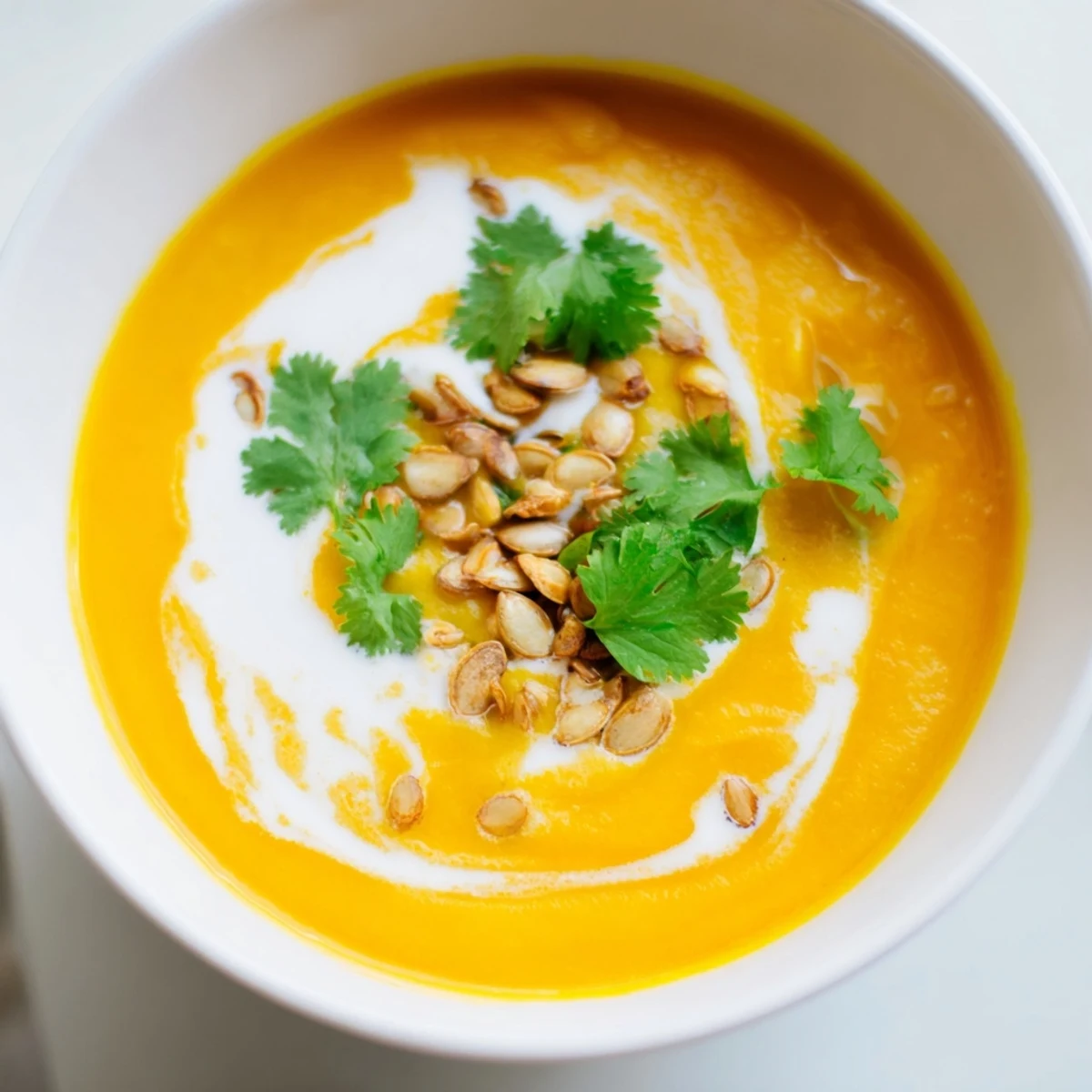 A warm bowl of Carrot and Ginger Soup with Coconut Cream swirled with rich coconut cream, garnished with toasted pumpkin seeds.