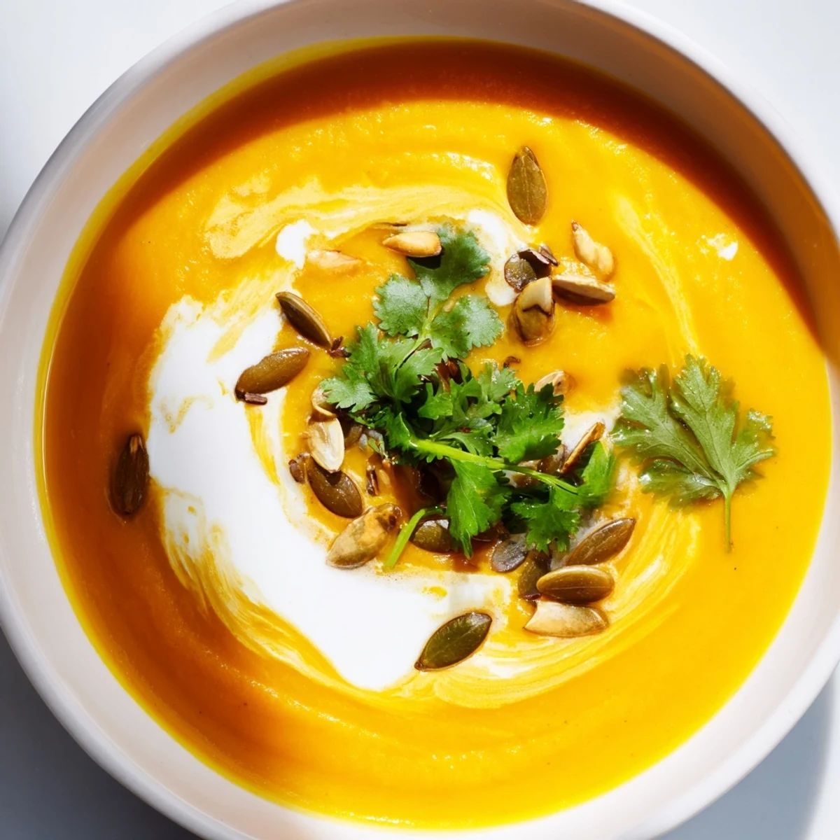 Close-up of creamy Carrot and Ginger Soup with Coconut Cream, showcasing smooth texture and fresh coriander leaves for a cozy vegan meal.