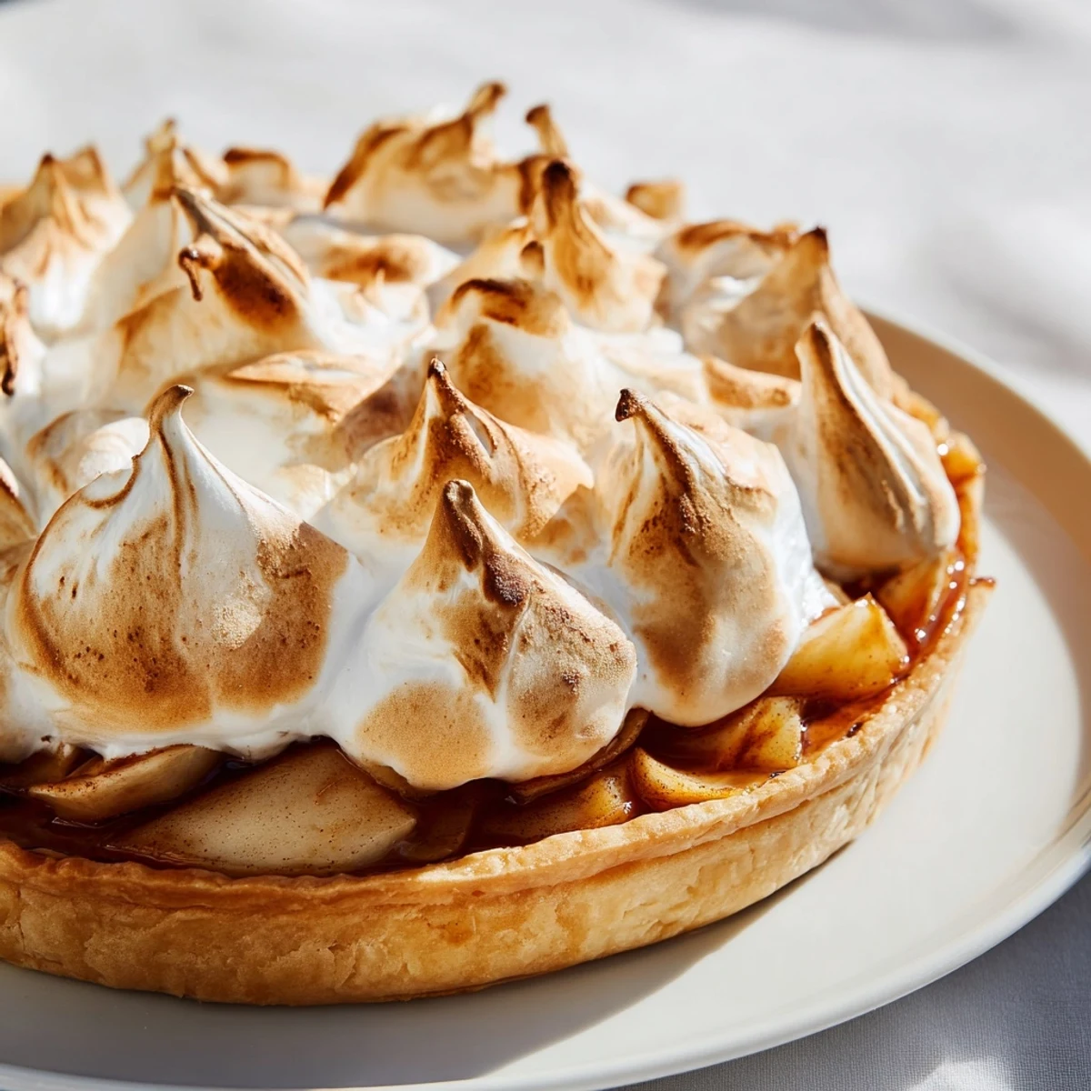 Freshly baked Irish Apple Amber Tart with Meringue Top features a golden, cloud-like meringue topping on a rustic tart plate.  