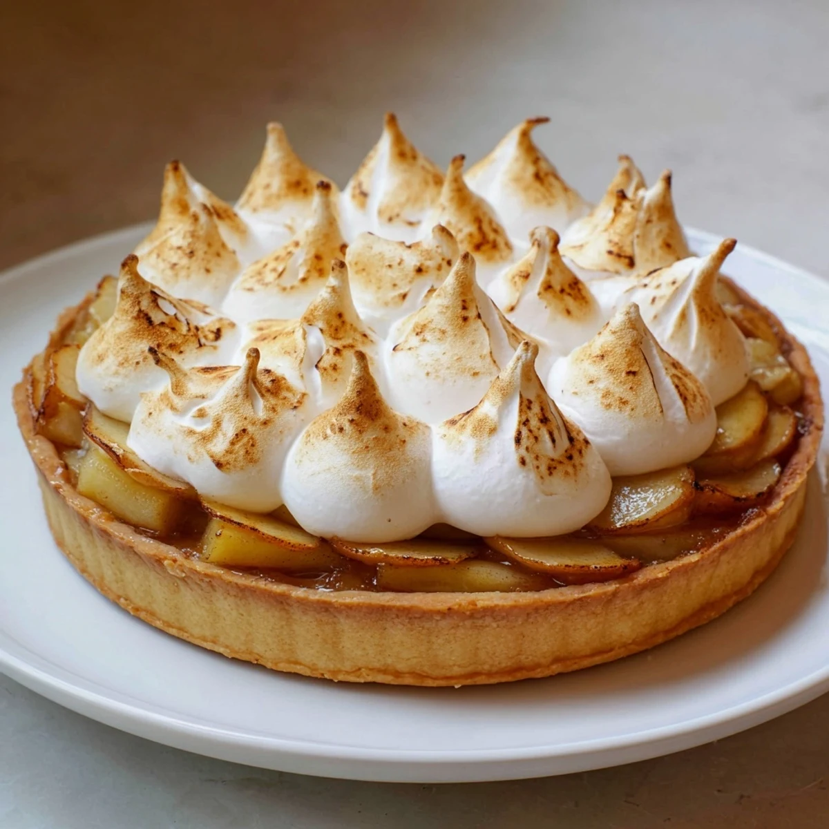 Sliced piece of Irish Apple Amber Tart with Meringue Top reveals spiced apple filling inside a flaky buttery crust for serving.  