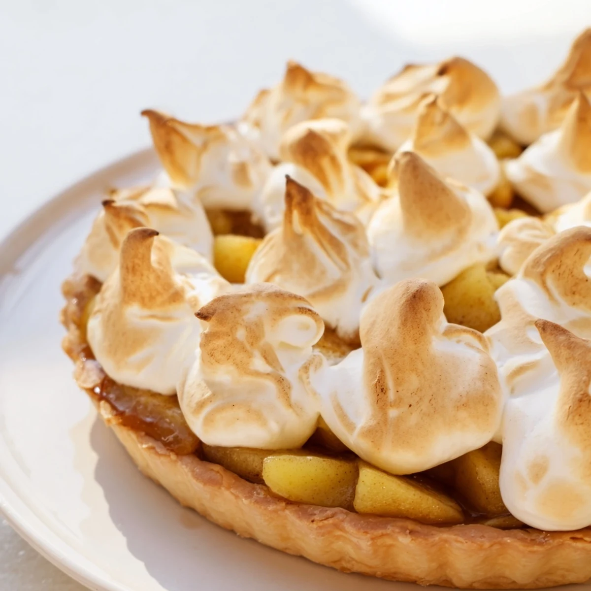 Homemade Irish Apple Amber Tart with Meringue Top showcases a caramelized meringue crown and warm apple compote on a wooden board.