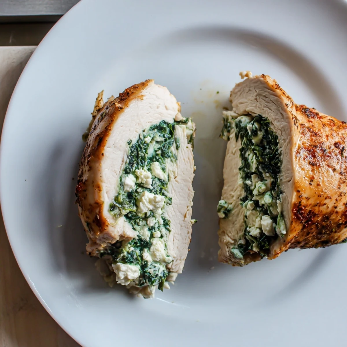 Juicy Spinach and Feta Stuffed Chicken Breast baked golden with fresh herbs, served alongside roasted vegetables for a low carb dinner.