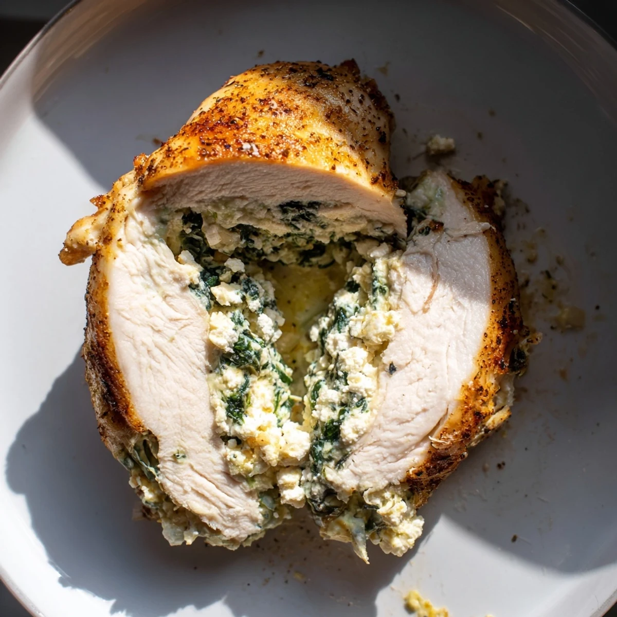 Golden baked Spinach and Feta Stuffed Chicken Breast plated with lemon wedges and dill garnish, ready for a Mediterranean family meal.