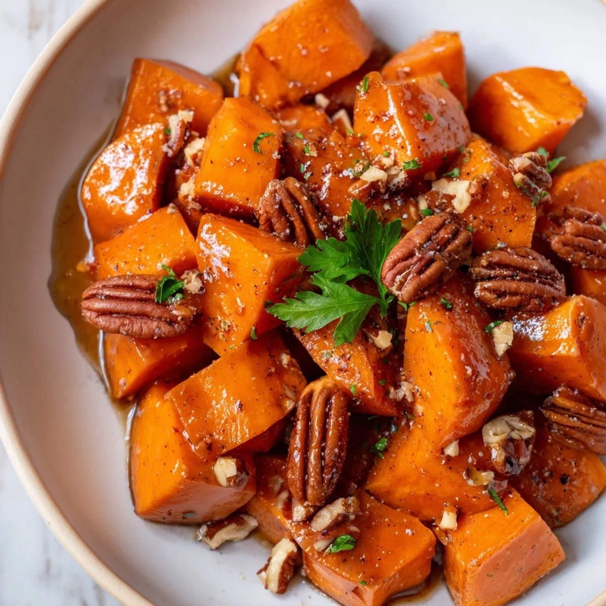 Golden roasted sweet potato cubes glisten with a sticky maple-pecan glaze on a rustic wooden platter, ready to serve as a comforting fall side dish.