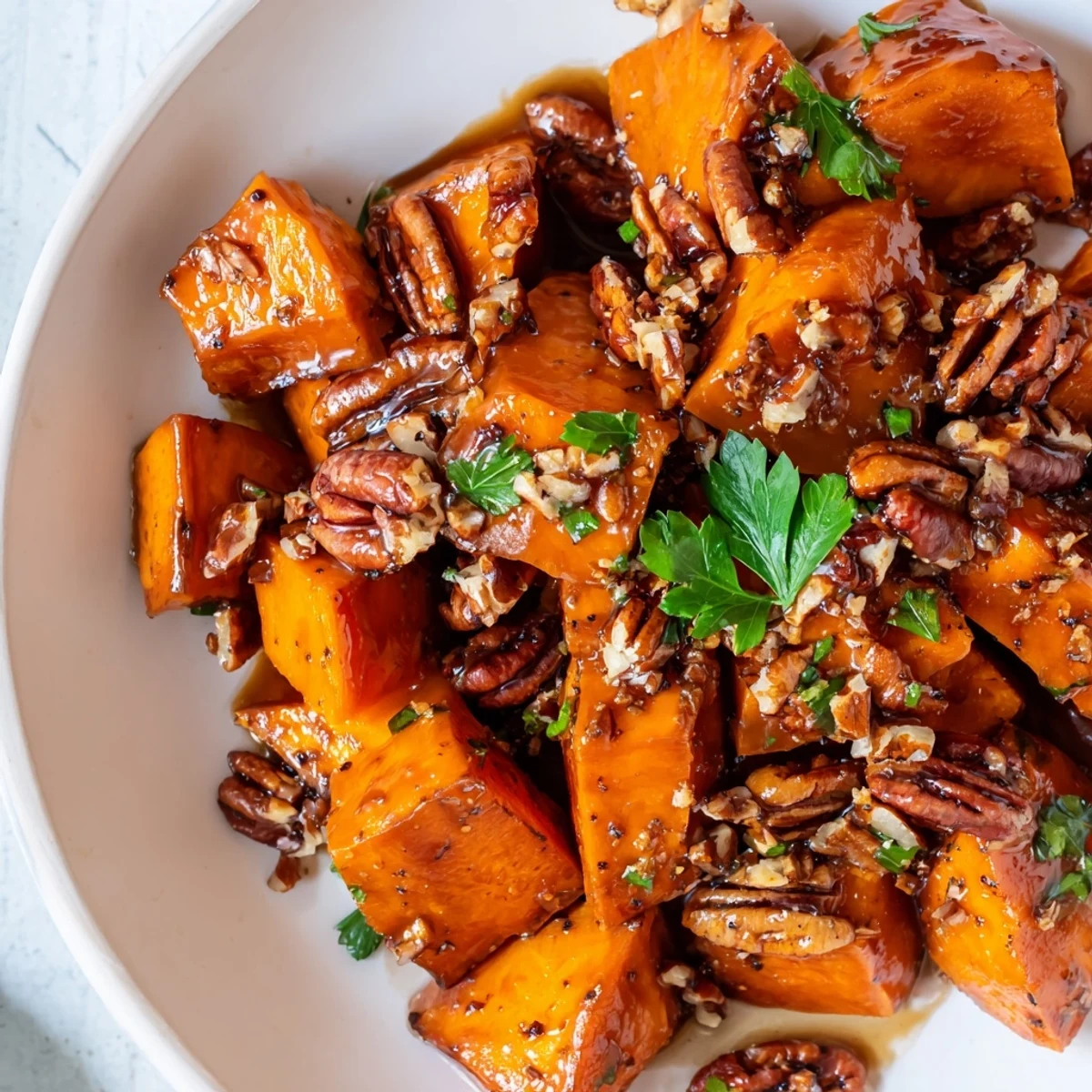 These delicious gluten-free roasted sweet potatoes with maple pecan glaze are served warm, ideal for a festive American dinner table.