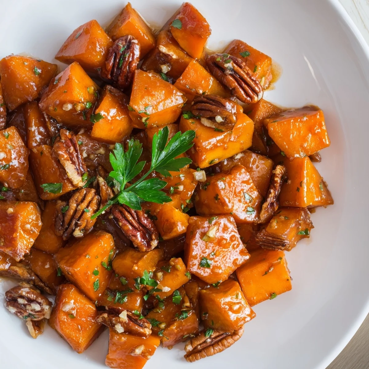 A close-up view showcases the tender, caramelized texture of Roasted Sweet Potatoes with Maple Pecan Glaze, garnished with fresh parsley.
