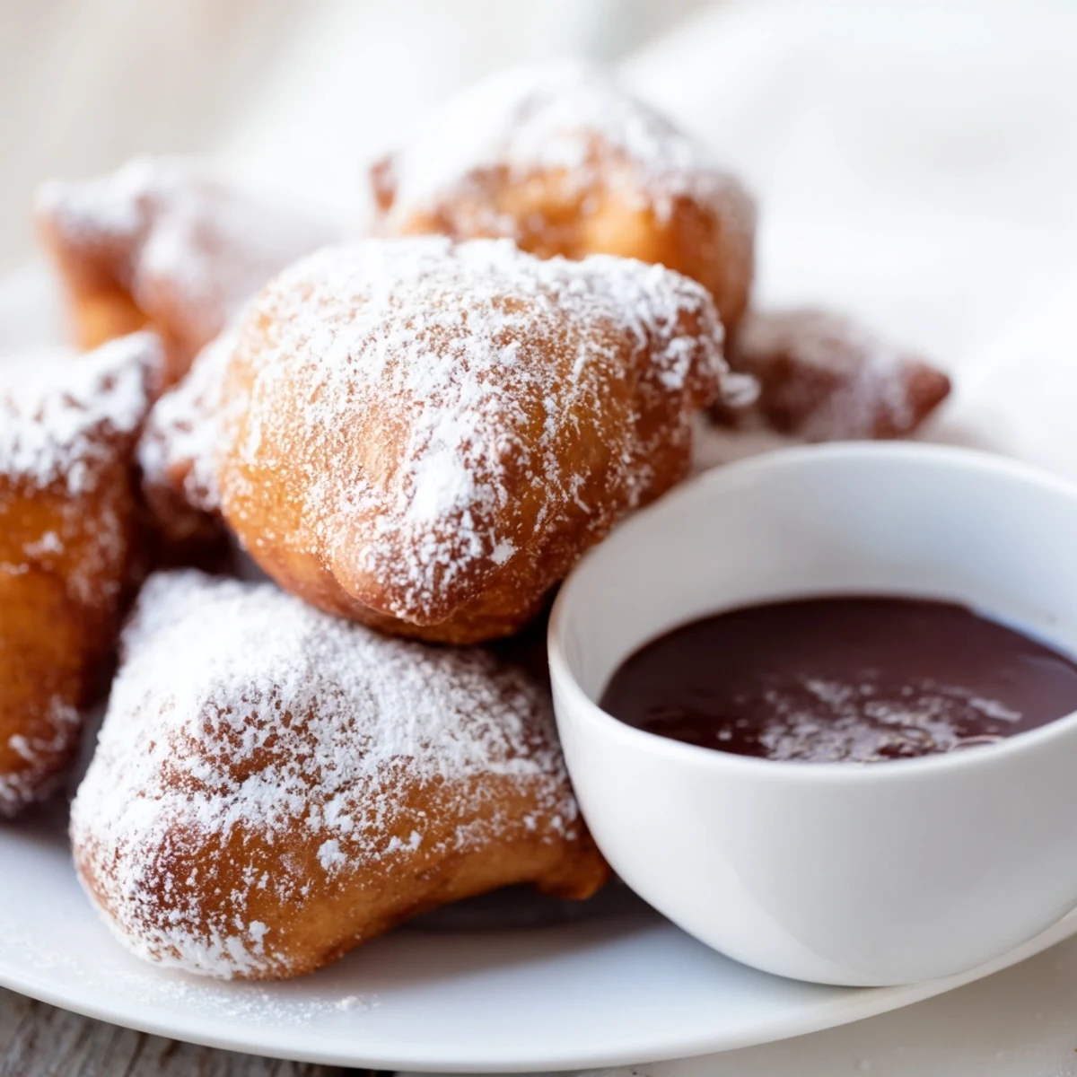 Pillowy fried Mardi Gras Beignets with Chocolate Sauce, drizzled generously and ready to be dipped at a lively Mardi Gras celebration.