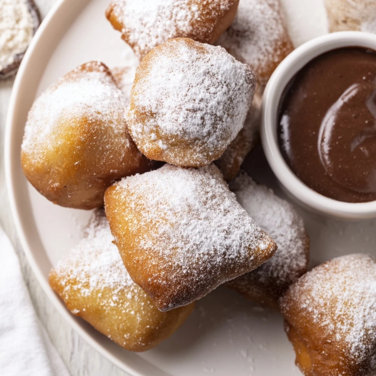Golden, powdered-sugar-dusted Mardi Gras Beignets with Chocolate Sauce, served warm on a festive plate for a sweet New Orleans treat.