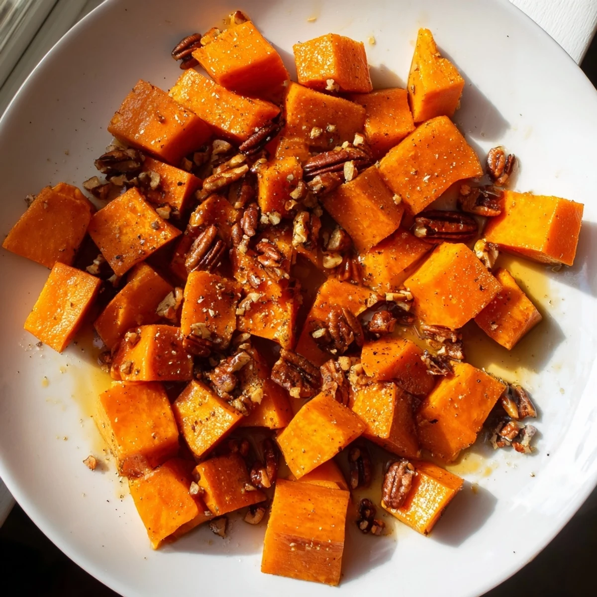 Golden Roasted Sweet Potatoes with Maple and Pecans glistening with syrup on a serving dish next to roast chicken.  