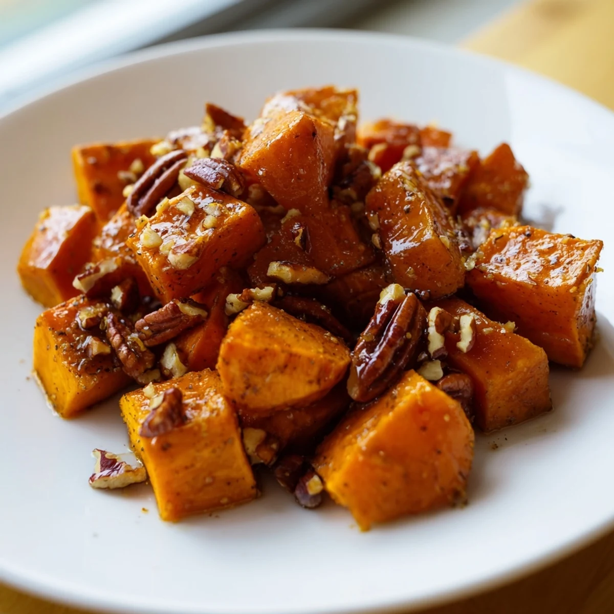 Crispy Roasted Sweet Potatoes with Maple and Pecans spiced with cinnamon and served as a healthy side dish.  