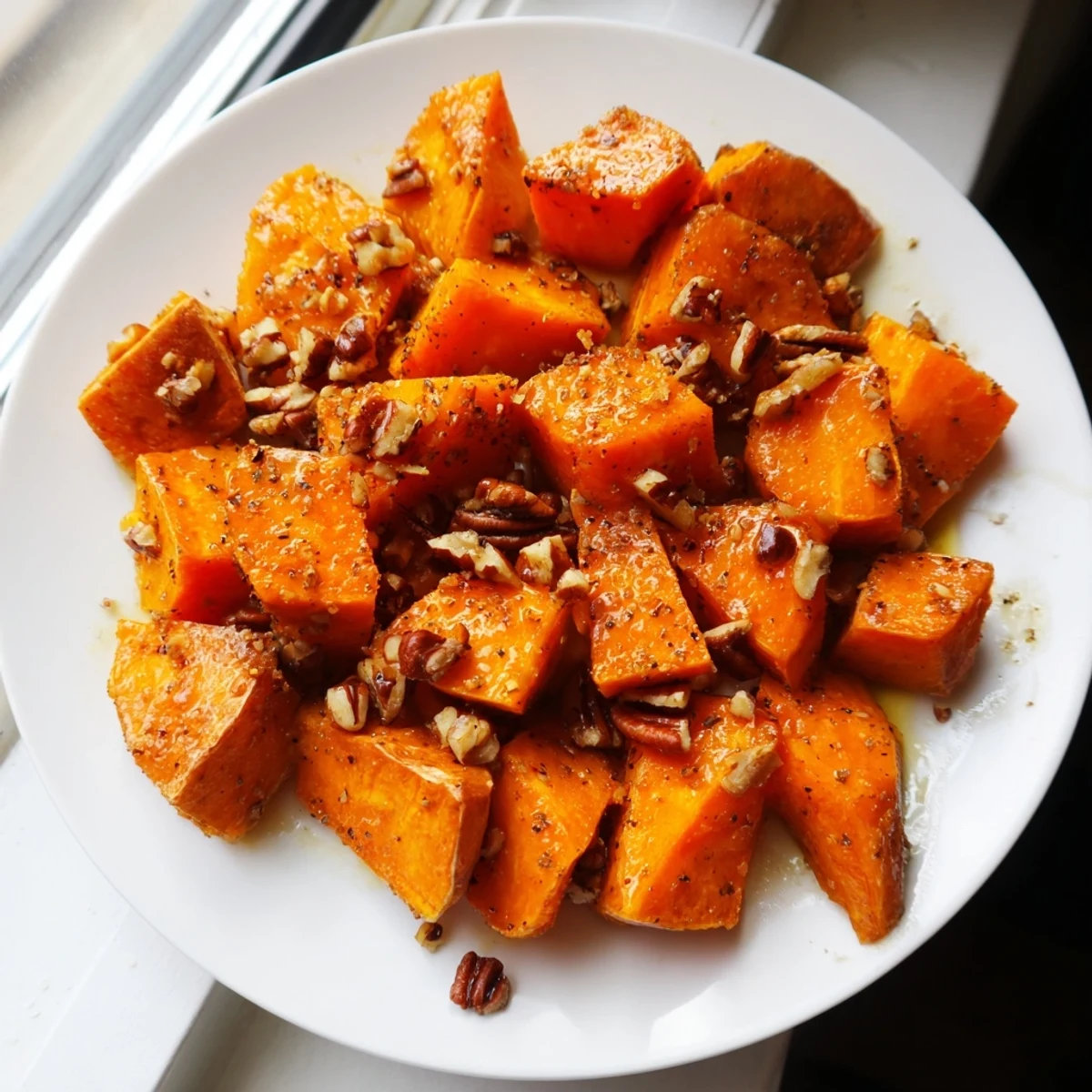 Freshly baked Roasted Sweet Potatoes with Maple and Pecans topped with toasted nuts on a rustic wooden table.