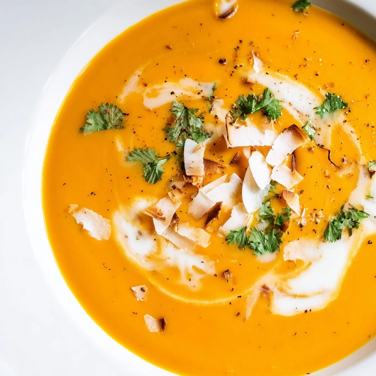 An overhead view of vegan Carrot and Ginger Soup with Coconut Milk, showing its velvety texture and garnished with toasted coconut flakes.