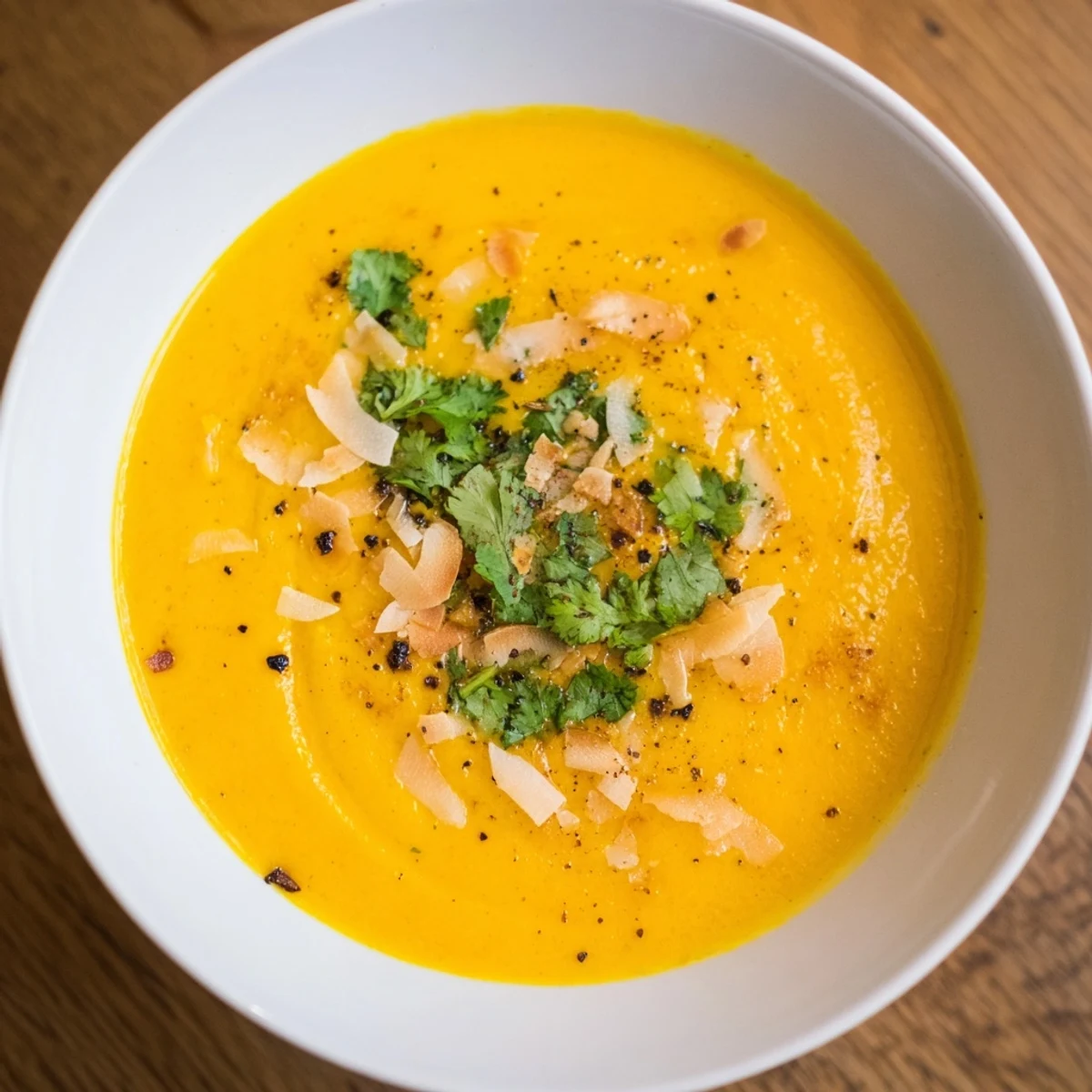 Creamy Carrot and Ginger Soup with Coconut Milk is topped with cilantro and served in a rustic bowl beside crusty bread.