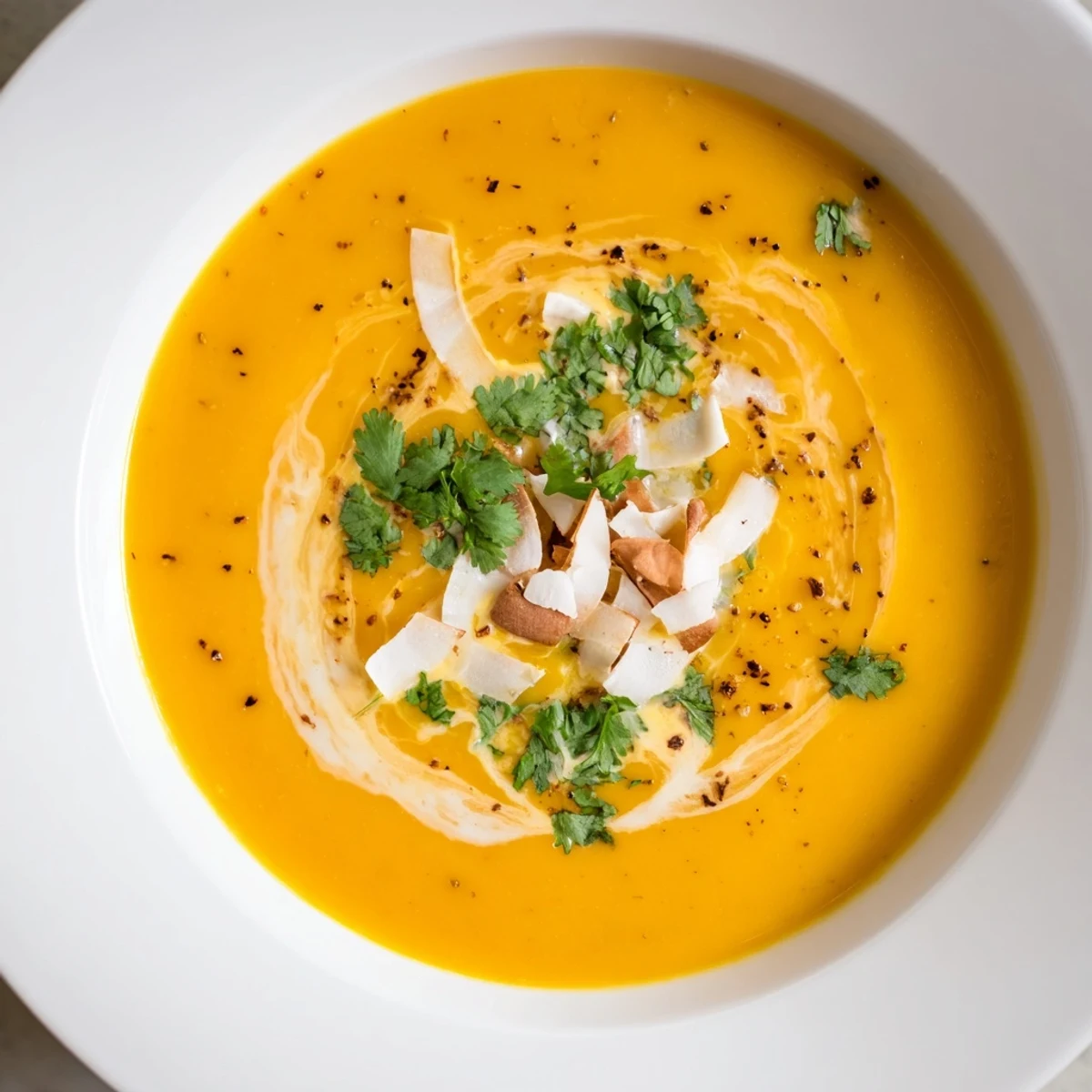 Bright orange Carrot and Ginger Soup with Coconut Milk in a white bowl, garnished with cilantro and a squeeze of lime.