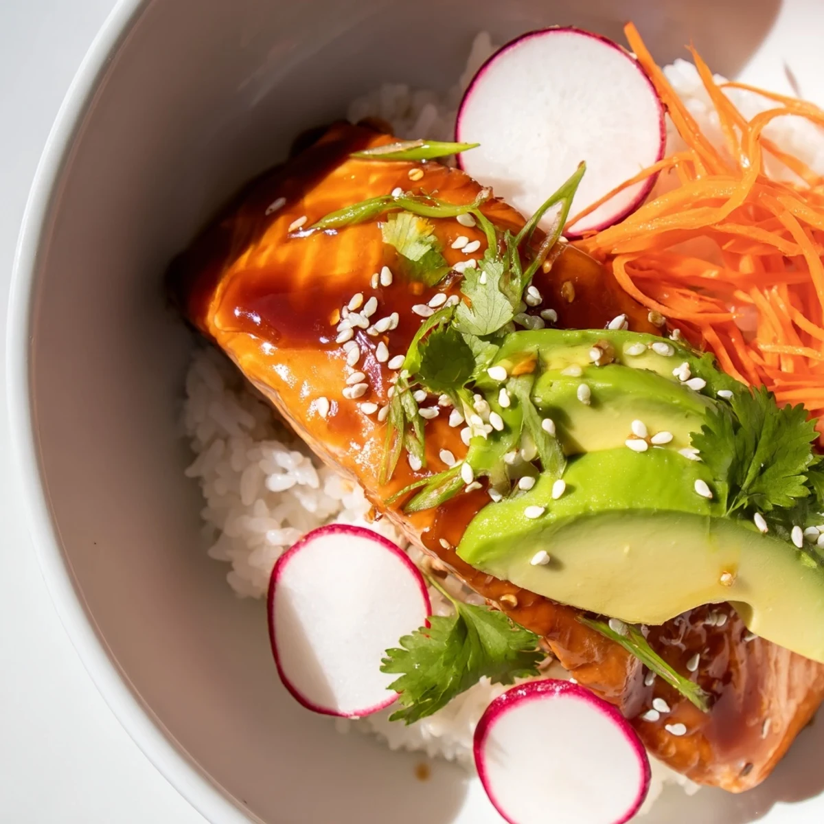 Bright teriyaki-glazed salmon fillets rest atop fluffy jasmine rice in vibrant Teriyaki Salmon Rice Taco Bowls with Pickled Veggies, topped with creamy avocado and drizzled with zesty sriracha mayo.