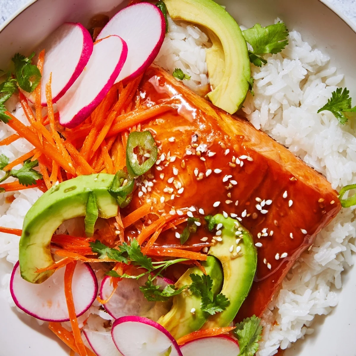 Tender salmon pieces flake easily beside crunchy quick-pickled carrots and radishes in these colorful Teriyaki Salmon Rice Taco Bowls with Pickled Veggies, served with a dollop of spicy mayo.