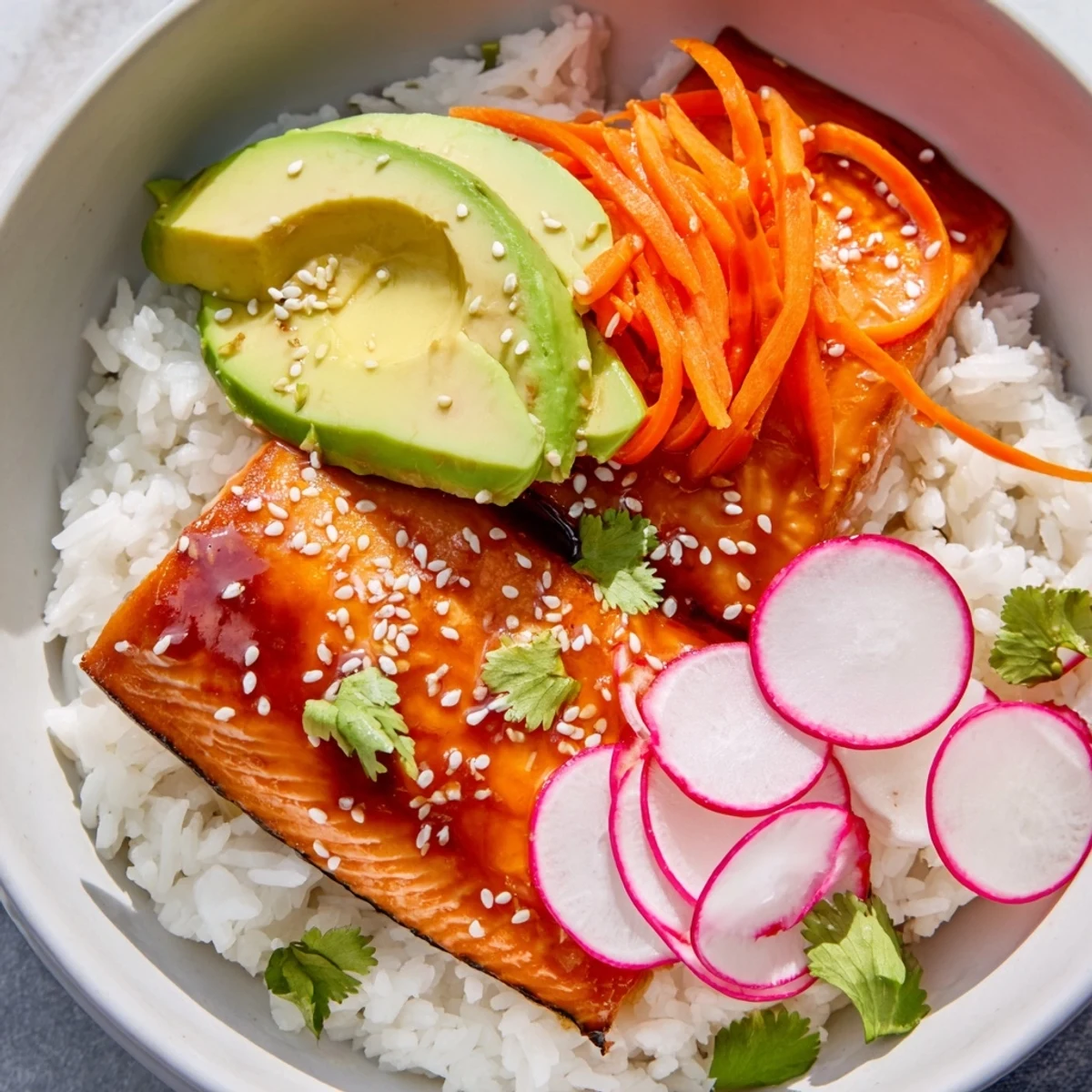 Golden salmon glazed with sticky teriyaki sauce glistens over steamed jasmine rice and vivid pickled vegetables in Teriyaki Salmon Rice Taco Bowls with Pickled Veggies, garnished with fresh cilantro.