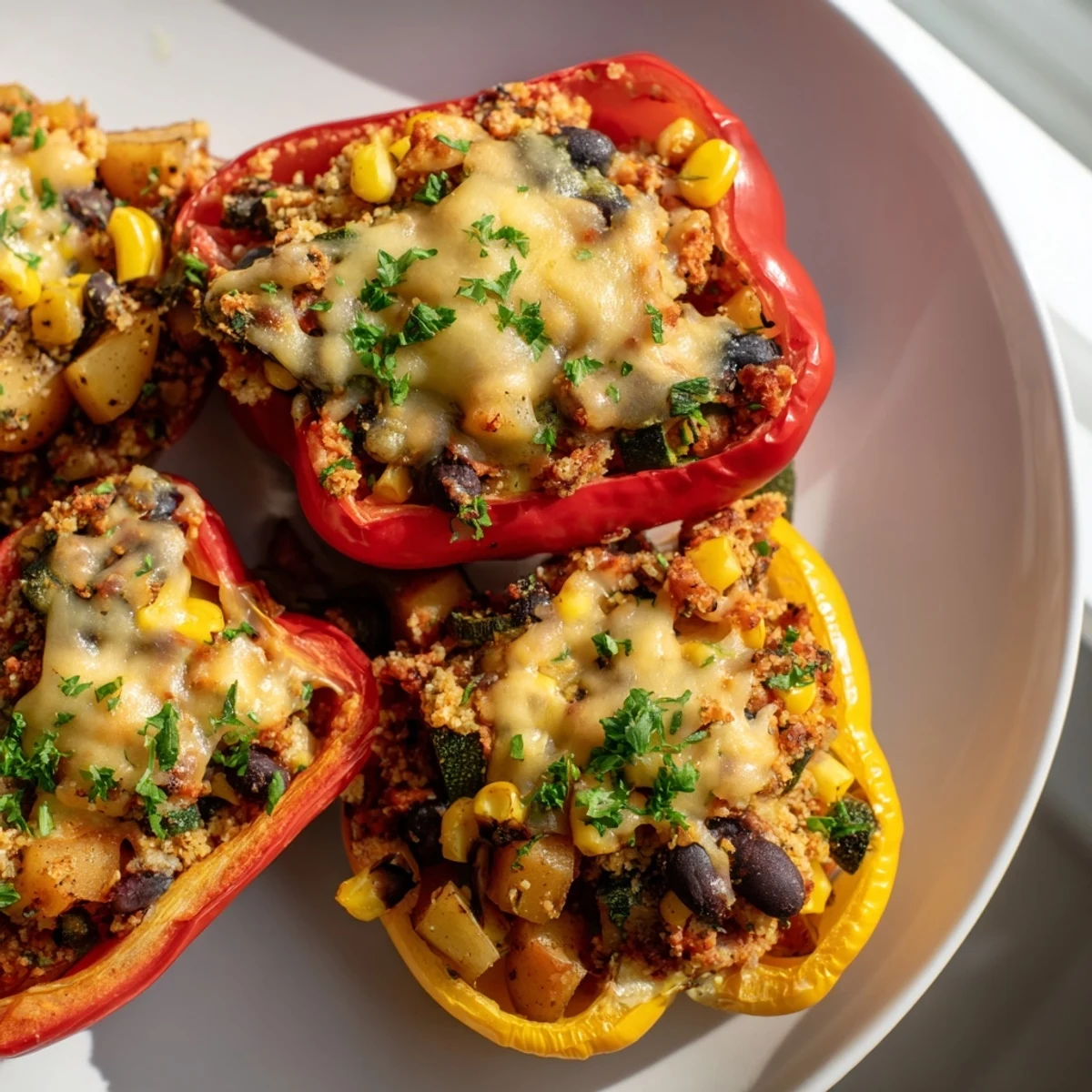 Tender bell peppers filled with spicy Cajun potatoes, corn, and black beans, served as a colorful main dish.