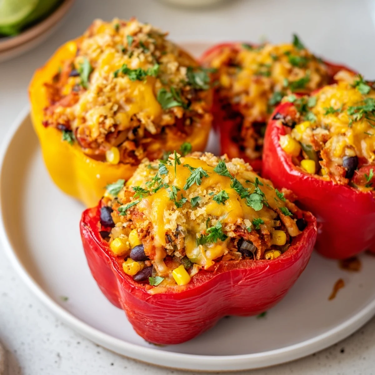A close-up of Cajun Potato Stuffed Bell Peppers with a golden breadcrumb topping, ready to enjoy.