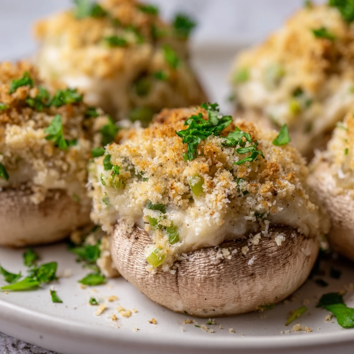 Mozzarella Popper Stuffed Mushrooms resting on a rustic platter, garnished with fresh parsley and a side of dipping sauce.