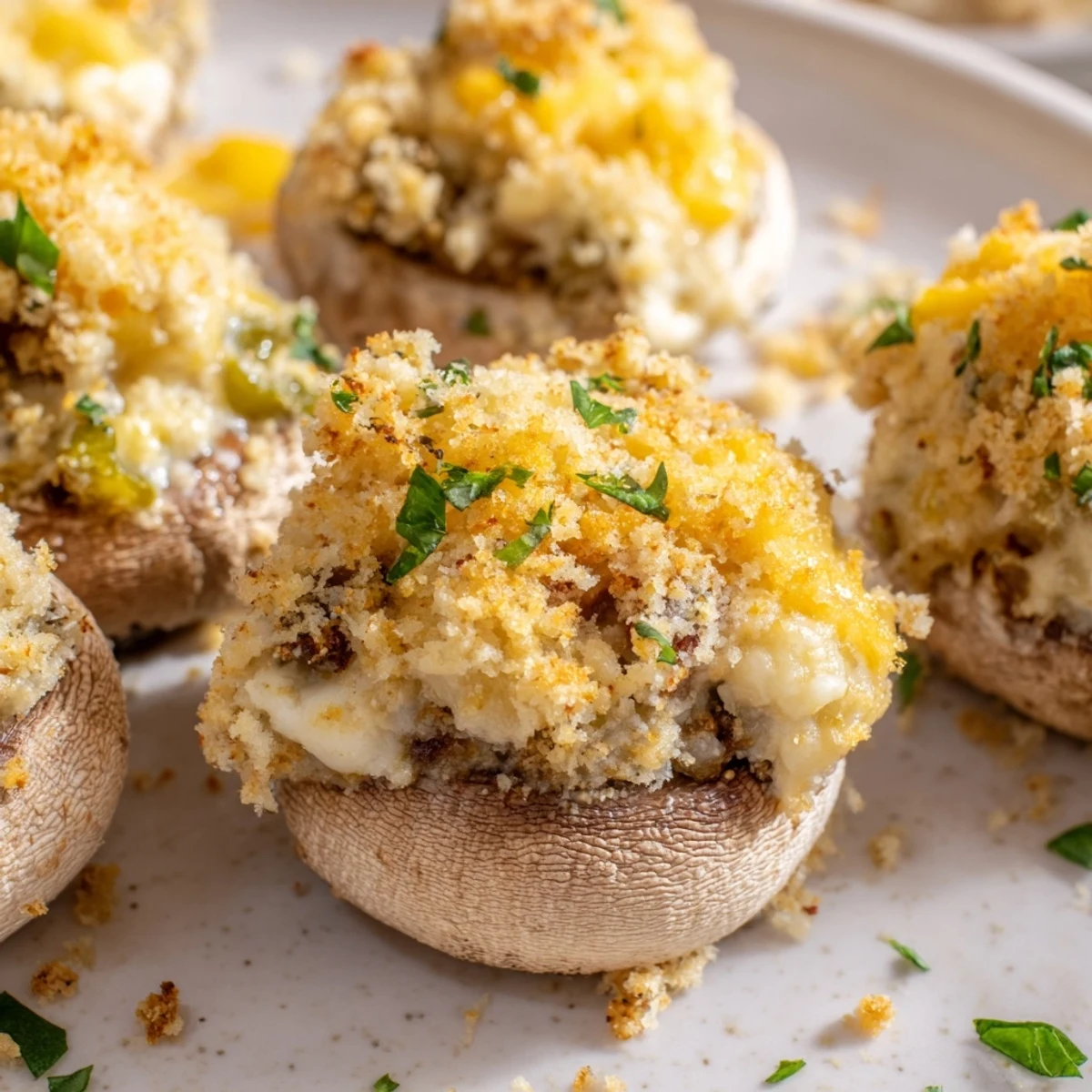 Close-up view of Mozzarella Popper Stuffed Mushrooms revealing a creamy blend of mozzarella, cheddar, and jalapeños inside tender caps.