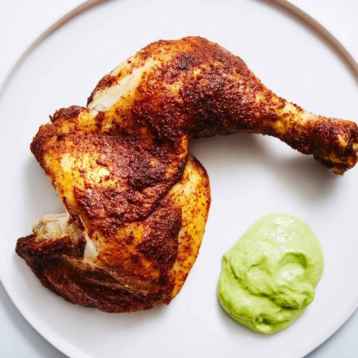 A whole roasted Peruvian Roast Chicken with Creamy Green Sauce glistens, served sliced beside a vibrant bowl of herby sauce.
