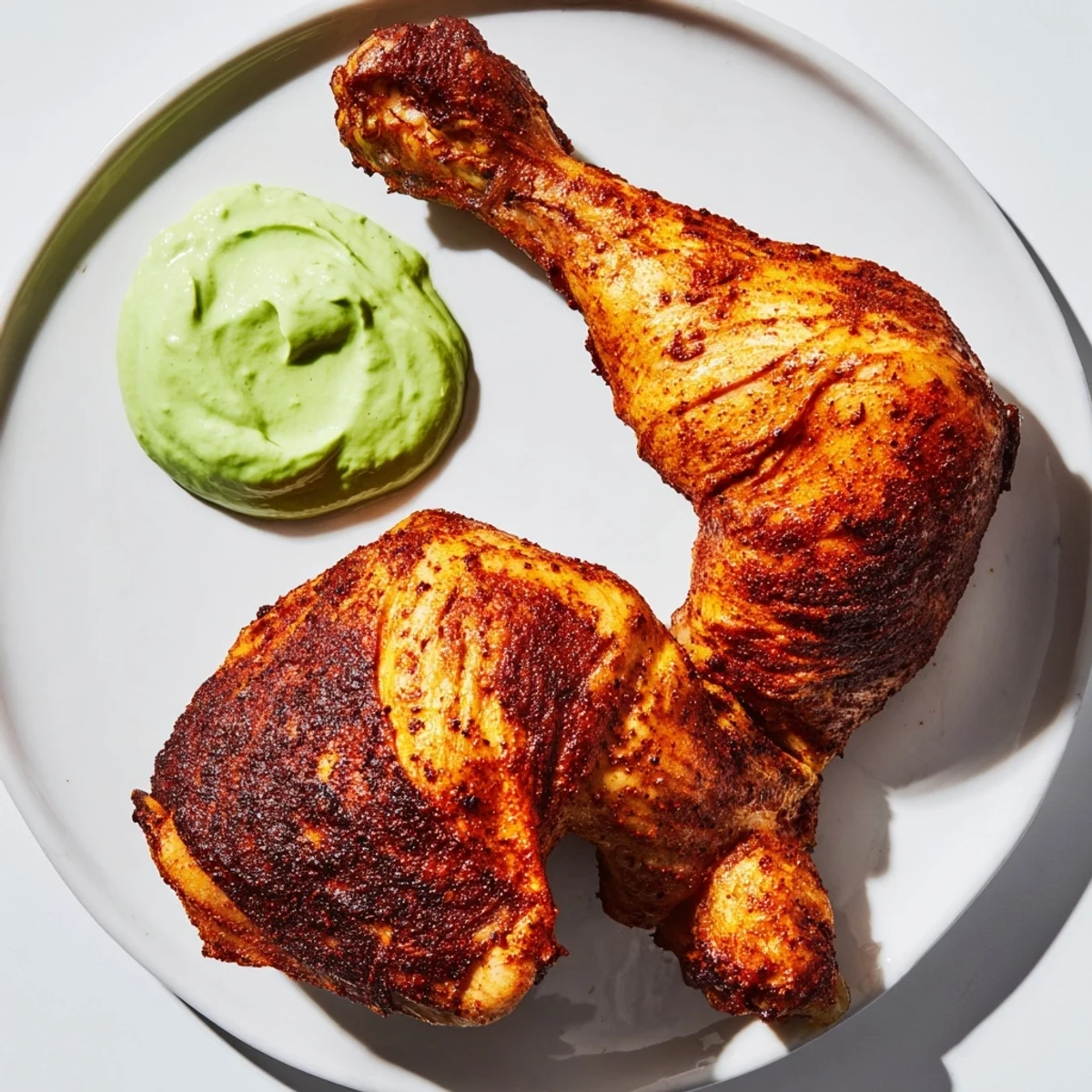 Juicy golden-brown Peruvian Roast Chicken with Creamy Green Sauce rests on a wooden board, topped with fresh cilantro and lime wedges.