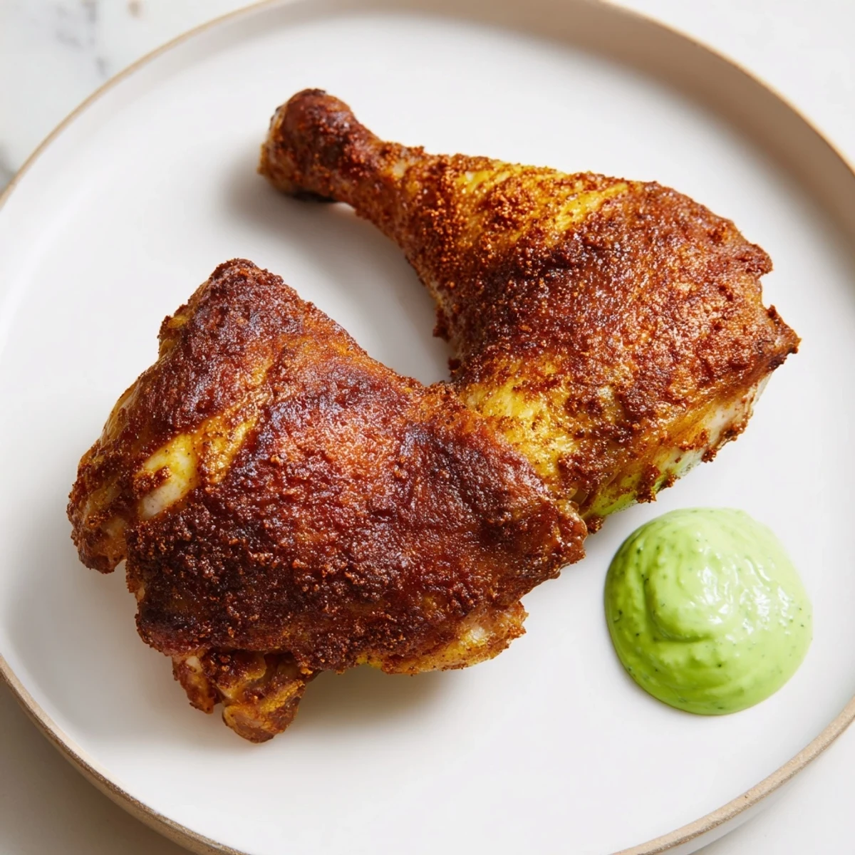 Succulent carved Peruvian Roast Chicken with Creamy Green Sauce plated with roasted potatoes, showcasing tender meat and a bright green drizzle.