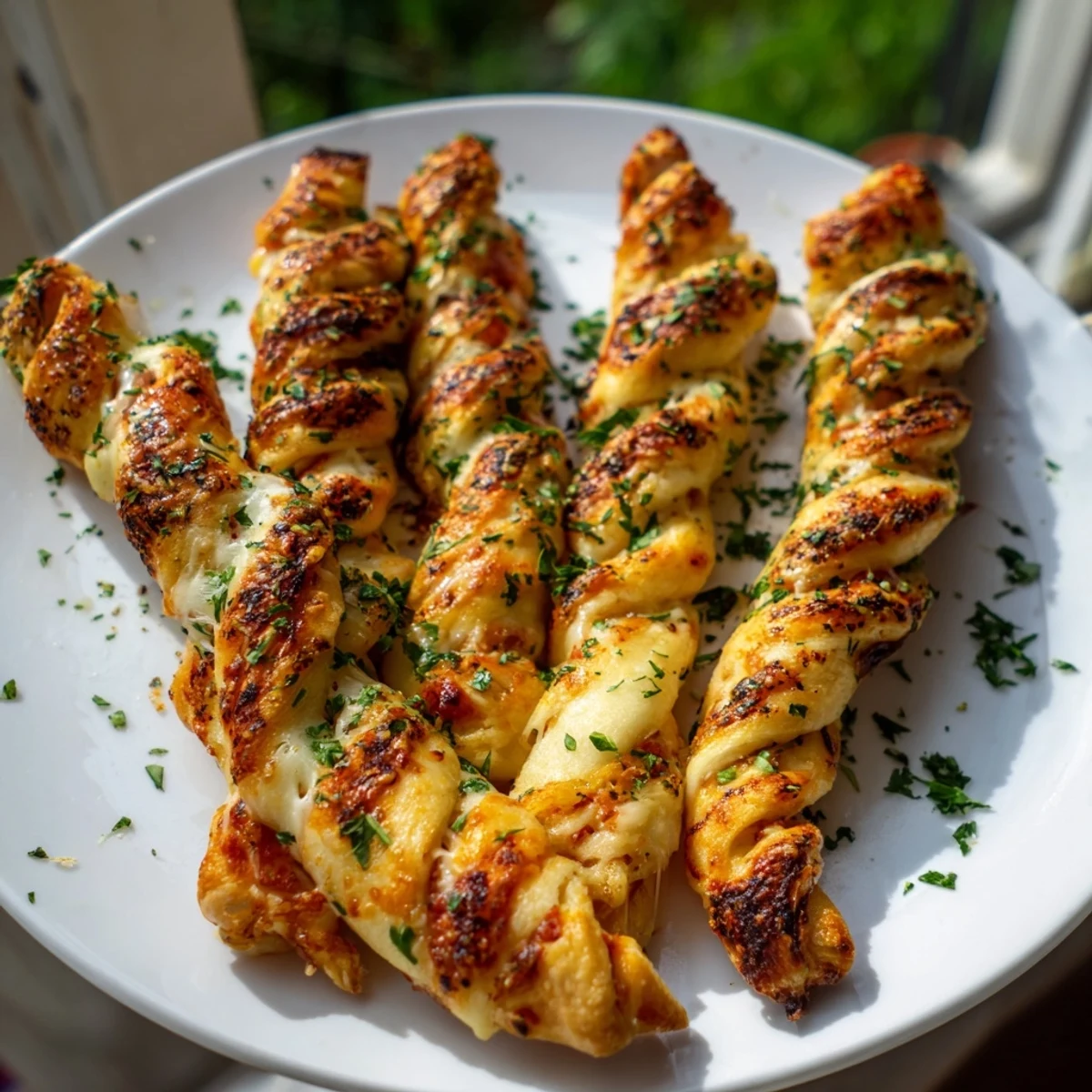 Crispy Air Fryer Pizza Cheese Bread Twists glisten with melted mozzarella, served warm with marinara for dipping.