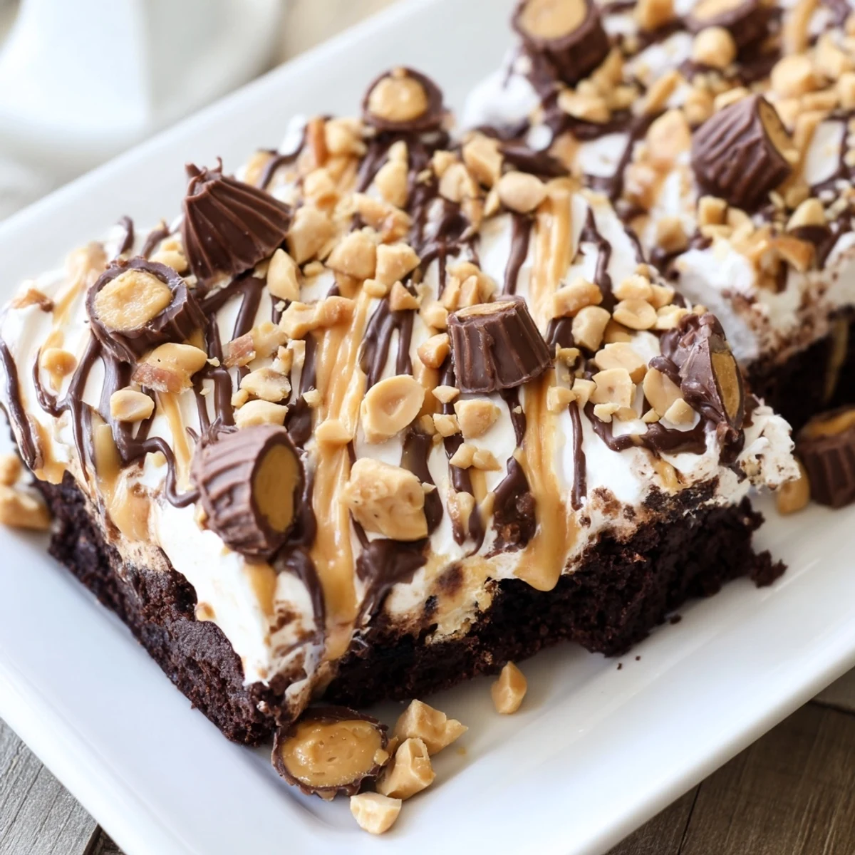 Freshly baked chocolate peanut butter poke cake sliced on a white plate, creamy pudding filling visible, topped with whipped cream, chopped peanuts, and drizzle.