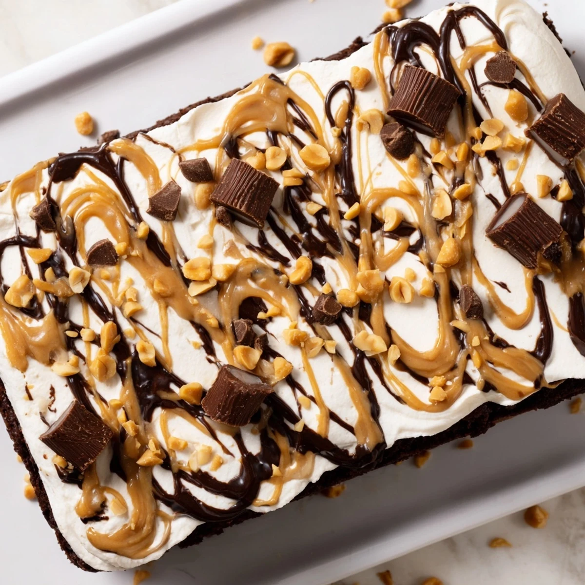 Warm chocolate peanut butter poke cake served from a 9x13 pan, gooey filling seeping into holes, drizzled with rich chocolate and peanut butter sauce.