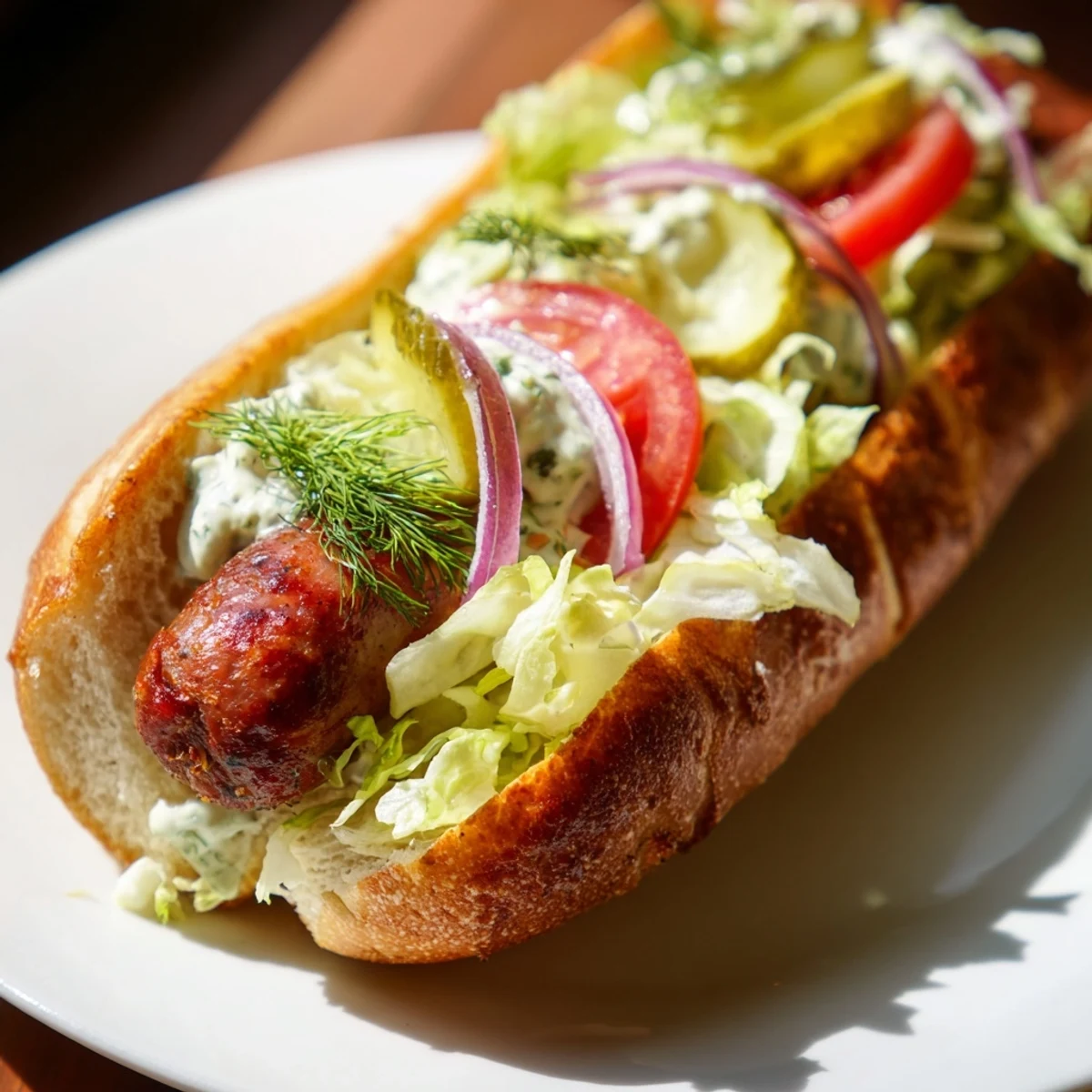 Sizzling grilled Cajun beef sausage po boy sandwiches on a crusty baguette with crisp lettuce and ripe tomato slices.