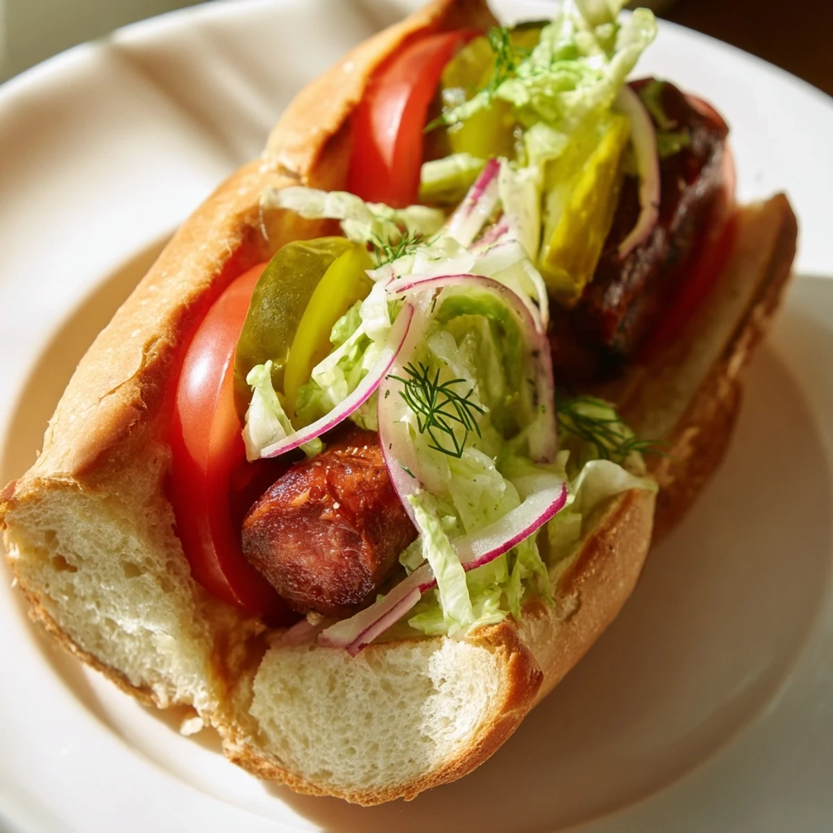 A close-up of the Grilled Cajun Beef Sausage Po Boy Sandwiches, showcasing tangy pickles and creamy Creole remoulade sauce.