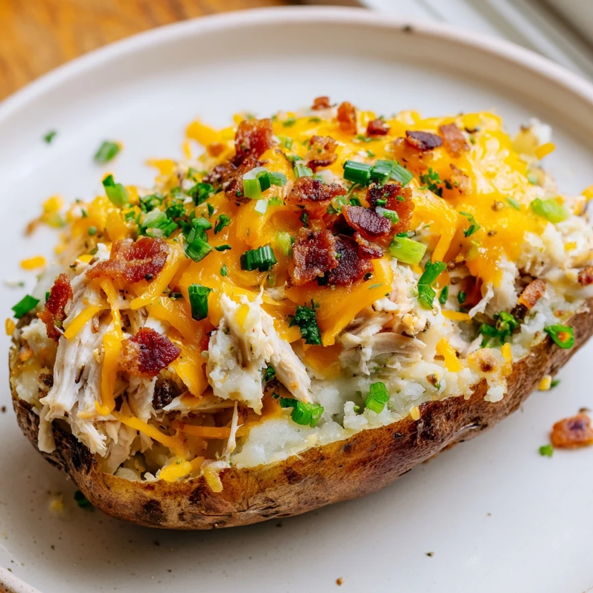 Cheesy Mud Chicken Stuffed Twice Baked Potatoes are served golden brown on a rustic plate, perfect for a hearty family dinner.