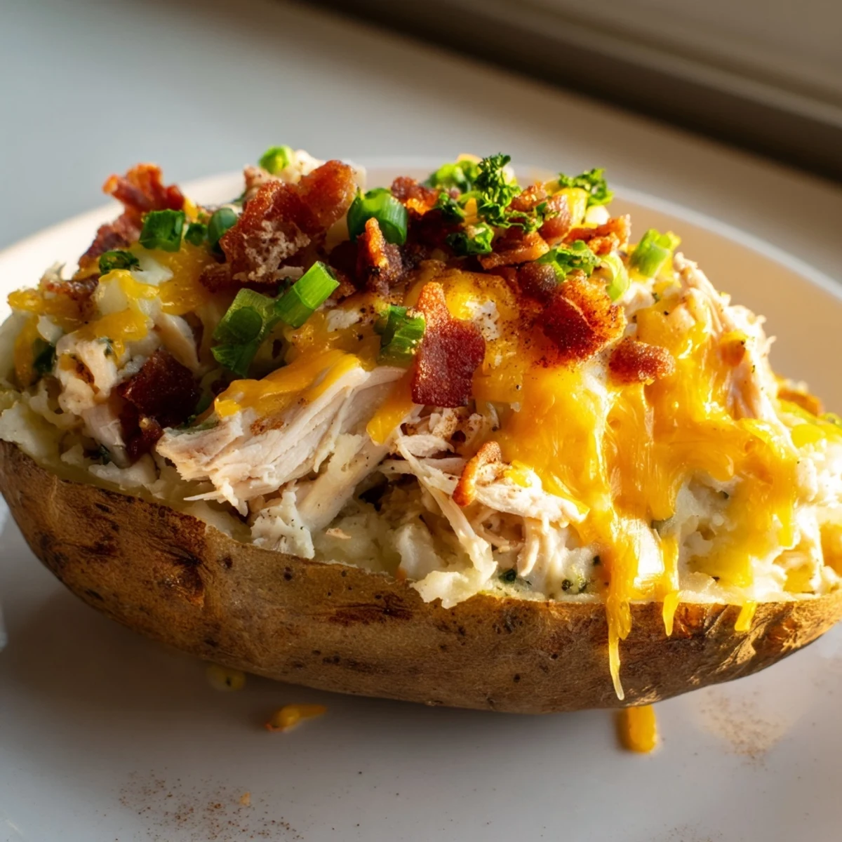 Gluten-free Mud Chicken Stuffed Twice Baked Potatoes feature shredded chicken, sour cream, and green onions inside crispy potato shells.