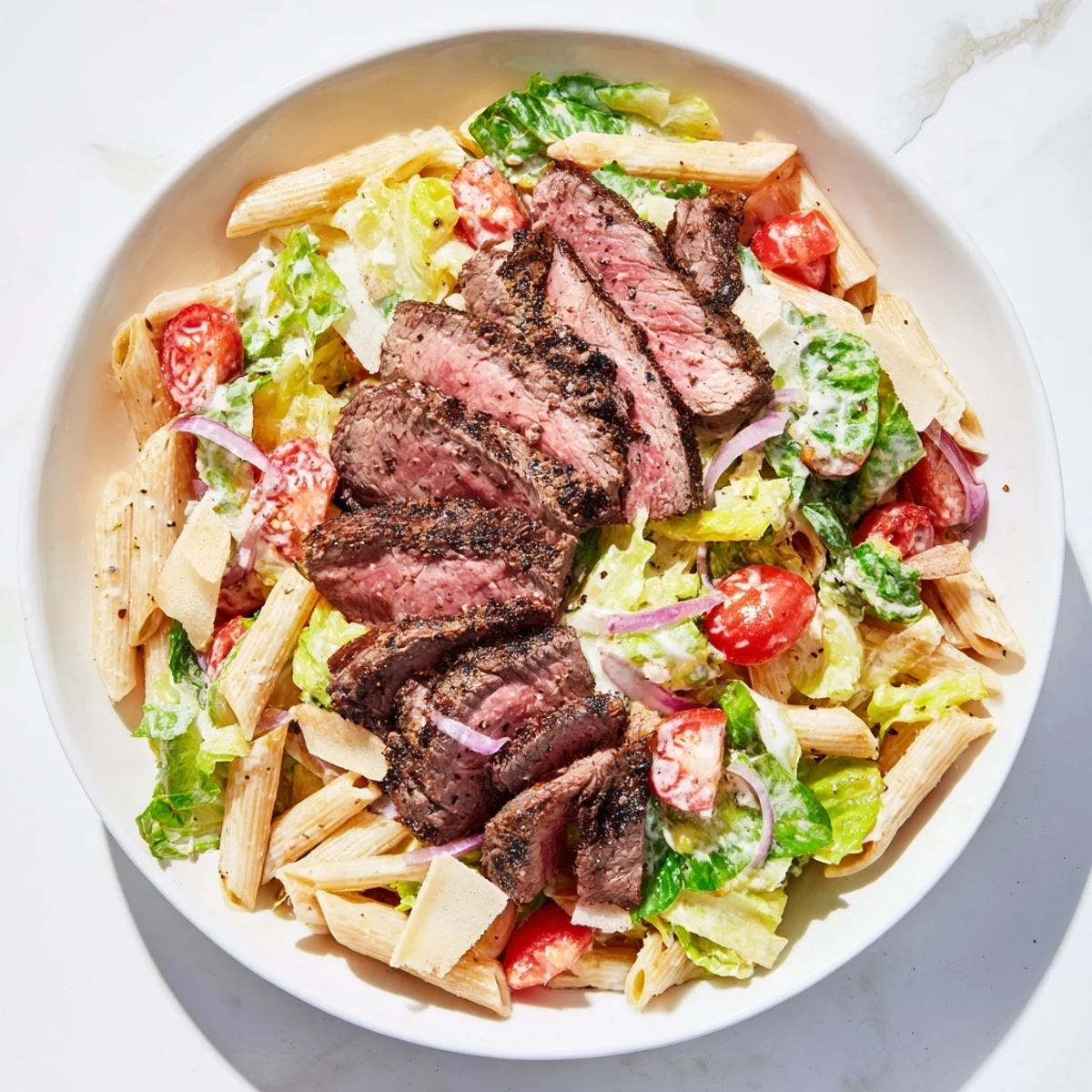 Tender grilled steak slices rest atop creamy Caesar pasta salad with crisp romaine and croutons.