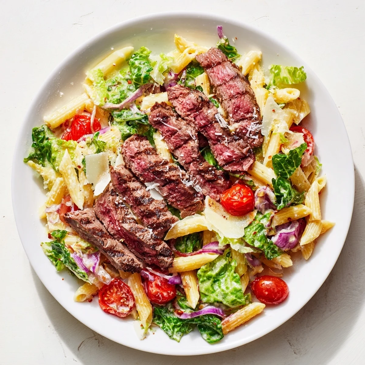 Fresh cherry tomatoes and red onion add color to the hearty Flavorful Steak Caesar Pasta Salad.
