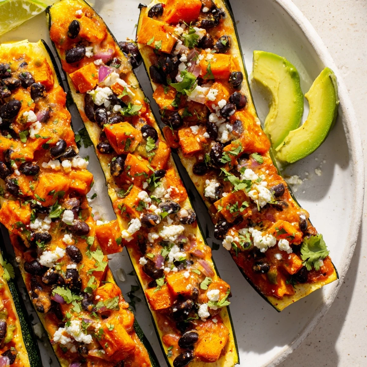 Four roasted zucchini boats filled with butternut squash and black beans, smothered in red enchilada sauce and melted cheese.