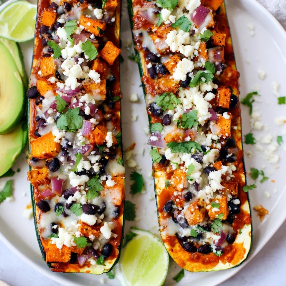 Vegetarian Mexican-inspired dinner with cheese-topped zucchini boats, served hot with a colorful salad and fluffy Mexican rice.